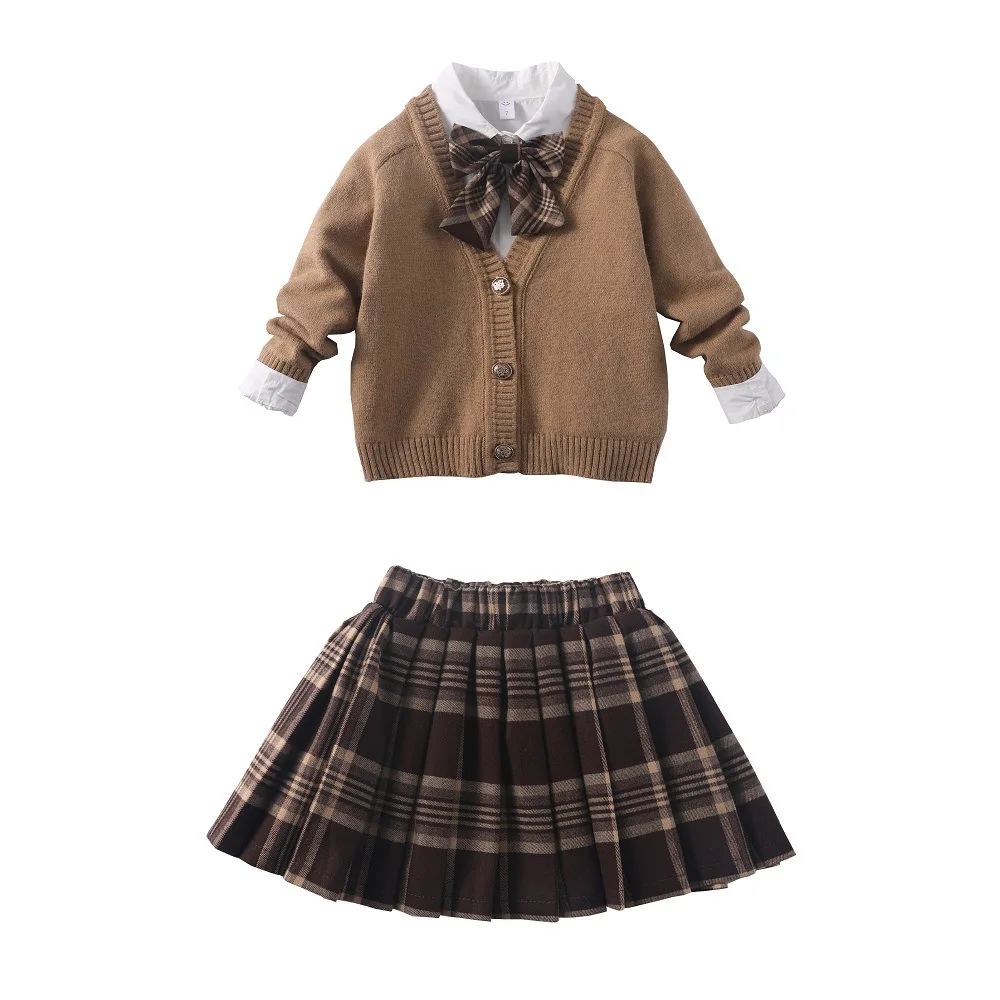 Girls Sweet  Suits Autumn Outfit  Baby College Wind Spring Grid Pleated Skirt+Sweater Cardigan+Shirt 3pcs Sets Kids