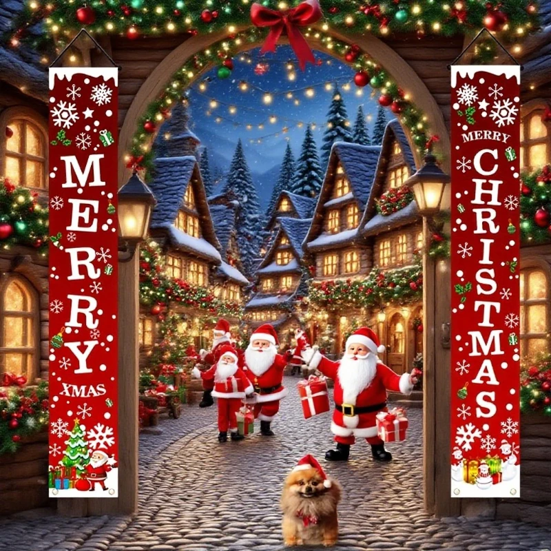 1pair Merry Christmas Polyester Banners 2D Door Banner for Entryway Room Garden Tailgating Indoor Outdoor Porch Door Decorations