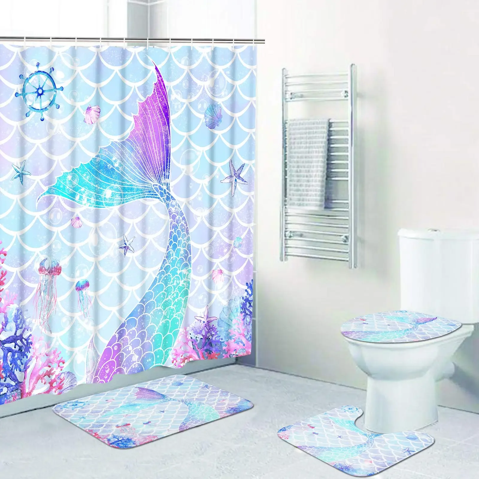 Mermaid Shower Curtain Set with Non-Slip Rugs Toilet Lid Cover Bath Mat Kids Ocean Coral Starfish Bathroom  Curtains