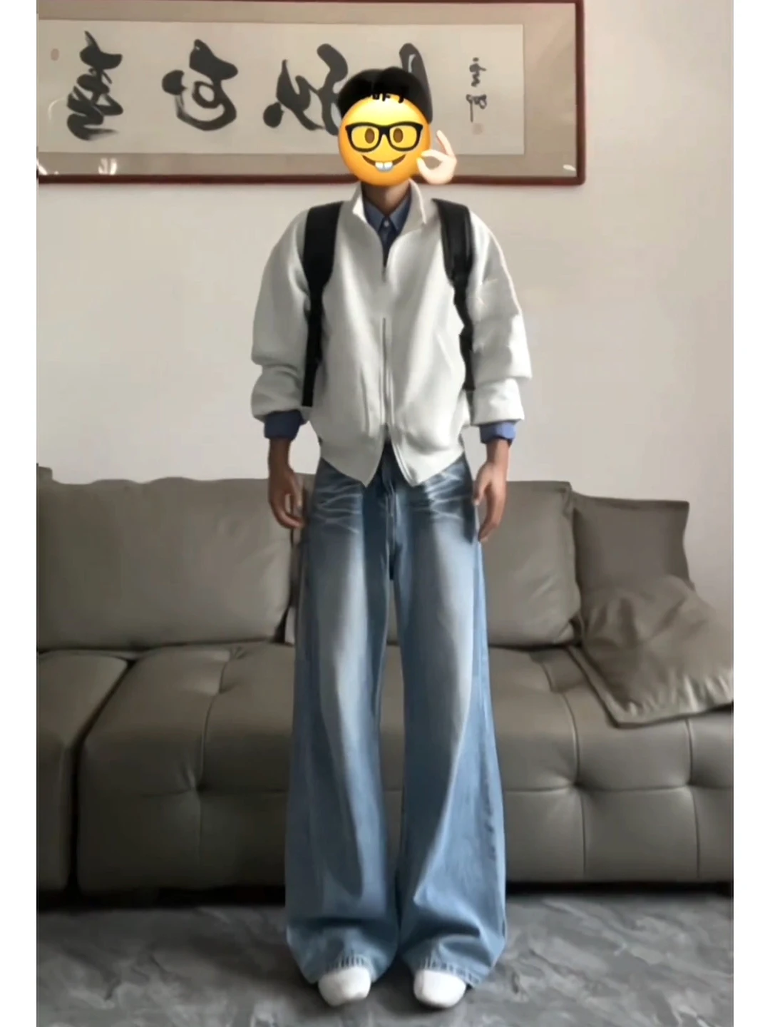 

Blue High Waist Men's Jeans Wave Pattern Slimming Knife Pants Autumn OOTD Wide Leg Denim High Fit Straight Cut No Stretch