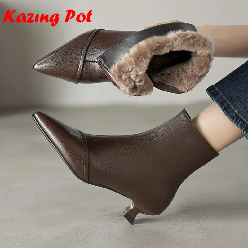 Krazing Pot 2027 Sheepskin Wool Fur Pointed Toe Stiletto Med Heels Modern Snow Boots Keep Warm Winter Shoes Elegant Ankle Boots