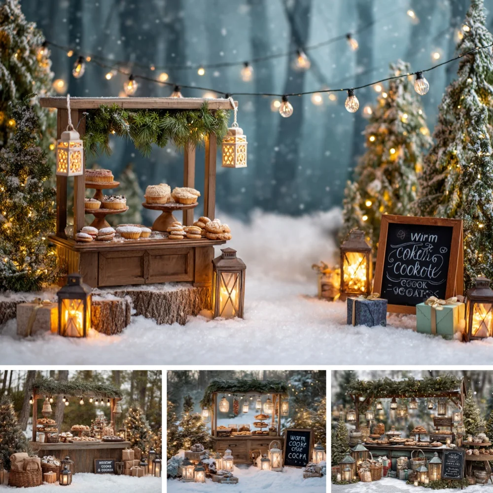 Christmas Cookie Stand Backdrop Xmas Dessert Cart Snowy Tree Lanterns Winter Holiday Party Photography Background Studio Props