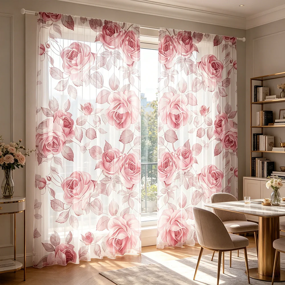 2PCS Pink Pollen Rose Sheer Curtains