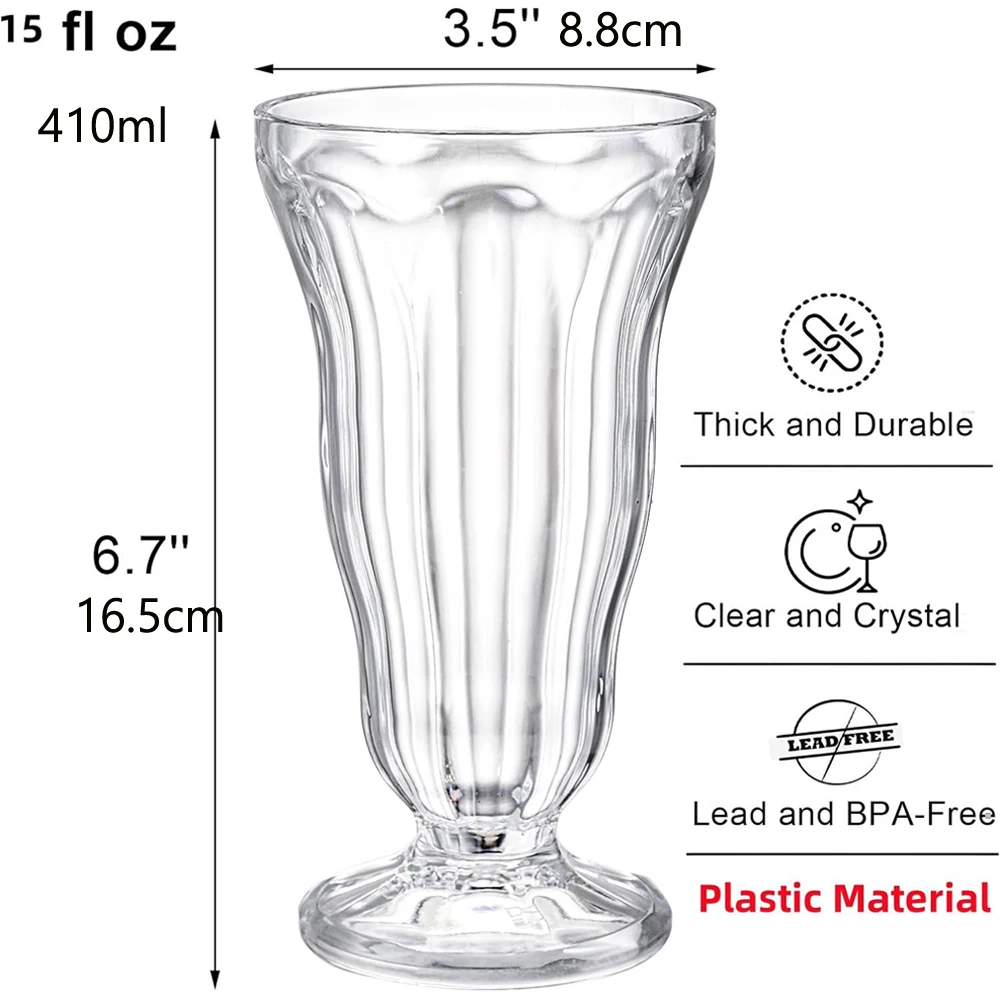 Acrylic Milkshake Glasses, 15 OZ Clear Old Fashioned Soda Glass, Shatterproof Footed Ice Cream Cups, Pina Colada Fountain Glass