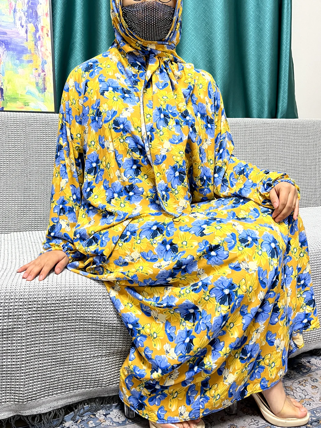 Conjuntos de Ramadán musulmán para mujer, ropa de oración, estampado Floral, algodón, manga larga, bata suelta, Hijab cerrado