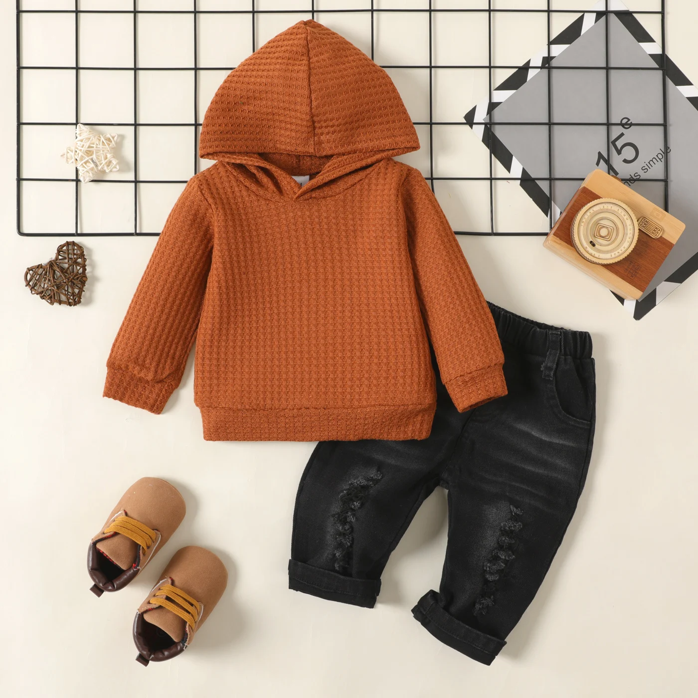 

PatPat 2-piece Baby Boy/Girl Waffle Hoodie Sweatshirt and 100% Cotton Ripped Denim Jeans Set