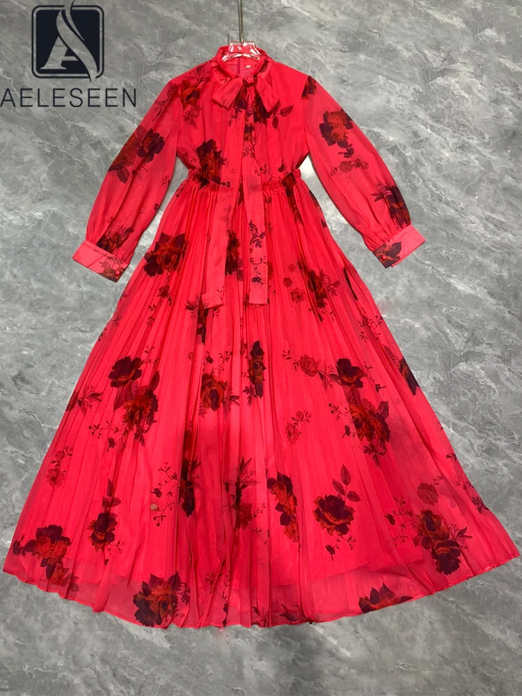 

AELESEEN Vintage Long Elegant Dress Women Bow Full Sleeve Autumn New Flower Print Pleated Party Holiday