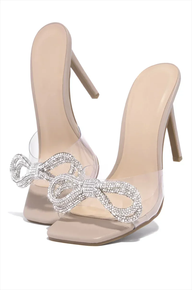 Summer New Fashion Sexy Comfortable Banquet Casual Rhinestone PVC Elegant High Heels Bow Women's Slippers