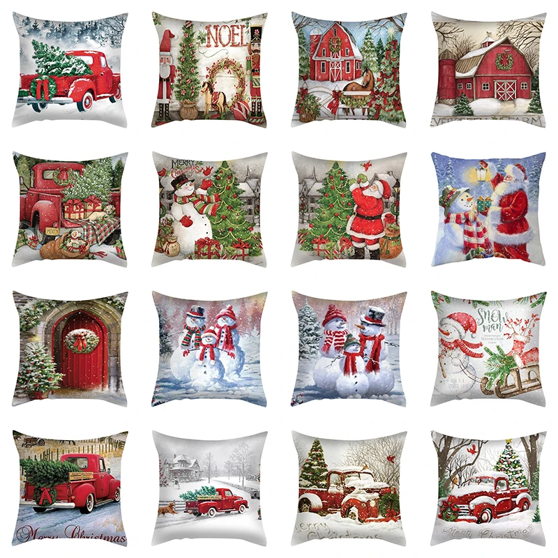 

Christmas Decoration Pillowcase Living Room Sofa Ornaments Santa Claus Snowman Car Print Pillowcase New Year Home Decoration