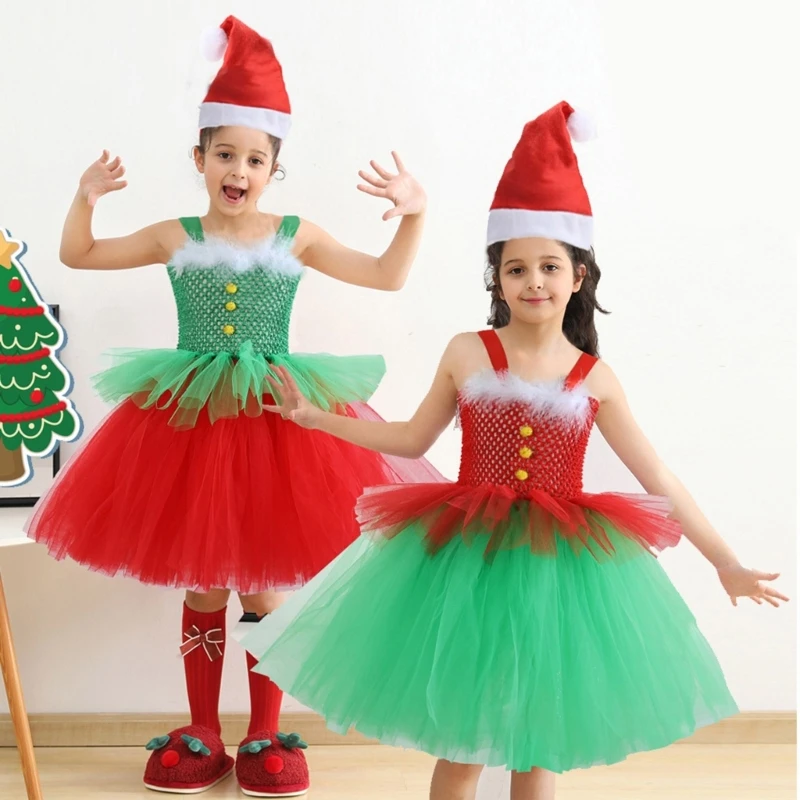 Christmas Dwarf Dress up Outfit with Dwarf Dress and Christmas Hat for 2-12 Girl Christmas Birthday Halloween Dress up