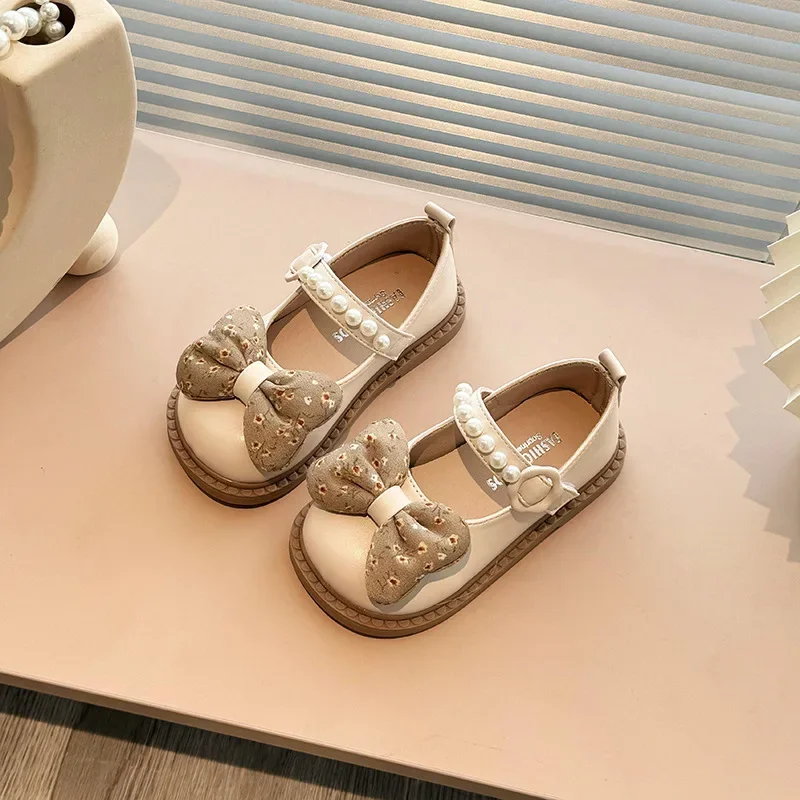 

Girls Princess Leather Shoes Sweet Bowknot Children's Flats Fashion Spring Kids Walking Mary Jane Shoes Elegant Pearl Soft Soled