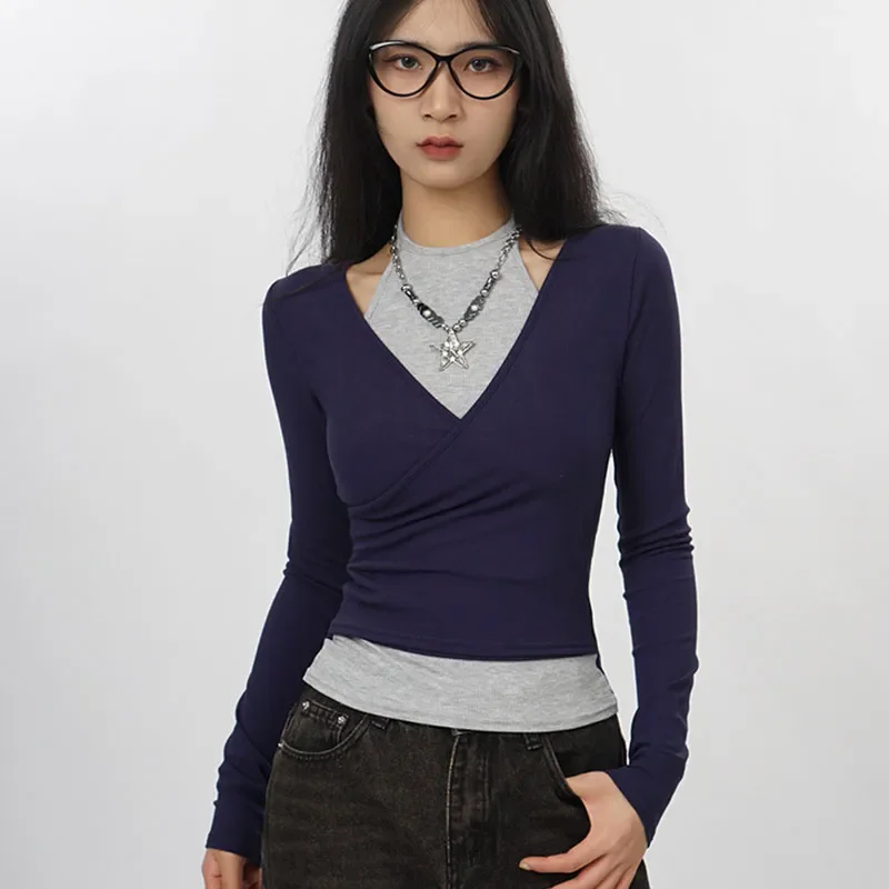 

Y2K Women Tops Autumn Casual Halter Neck Tees Cotton Long Sleeve Patchwork Two Piece Slim Fit T-shirts Spring Fashion Black Tops