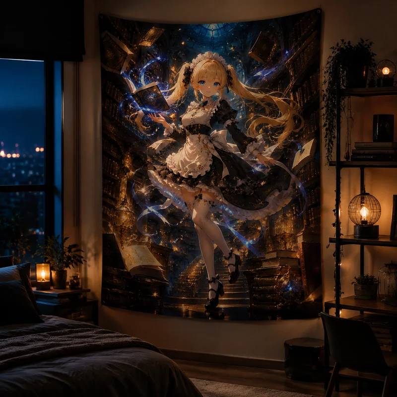 VIKAMA “Magical Maid Girl” Anime Tapestry, Blonde Lolita Starry Sky Fantasy Wall Hanging, Home Decor for a Girl's Bedroom