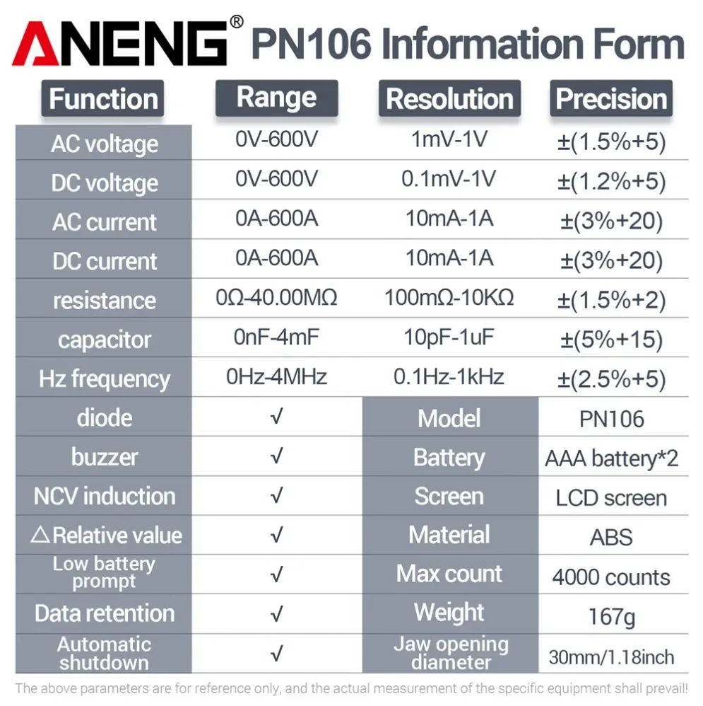 

ANENG PN106 Clamp Meter Digital High Precision 4000 Counts Tester Electrician Tools Multimeter AC/DC Current Voltage Tester 600A
