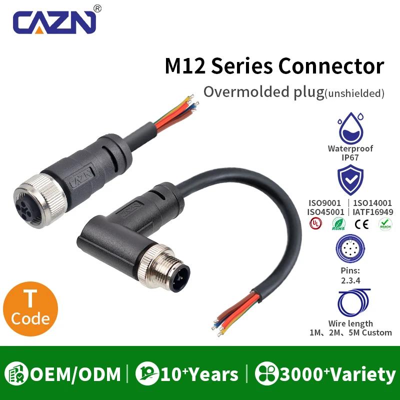 M12 T-Coded Unshielded Overmolded Plug Male Female Straight Angled 3 4 Pin 1/2/5m PVC IP67 for AC Power & Field Wiring