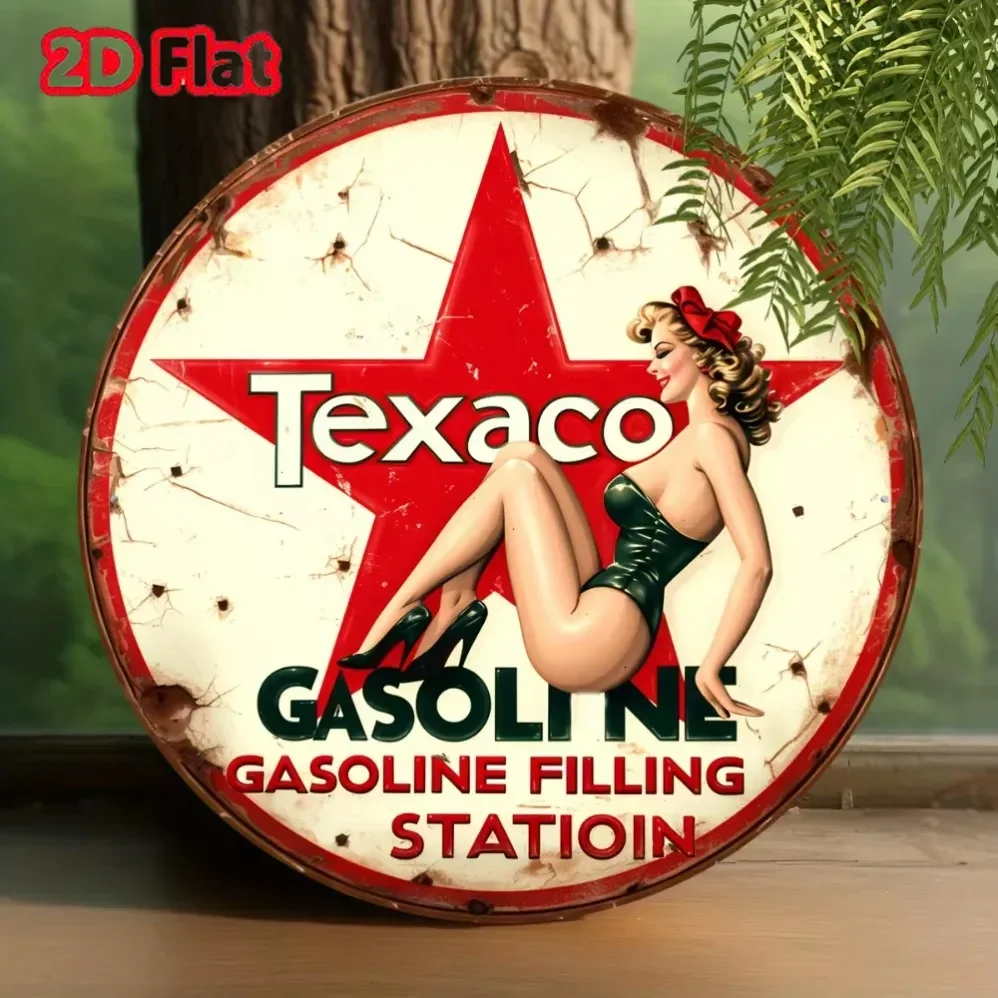 Vintage Pin‑up Girl Gas Station Round Metal Tin Sign,Retro Aluminum Wall Plaque Decor Garage Man Cave Bar Wall Art Decoration
