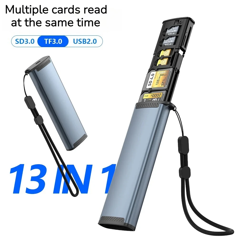 

13 in 1 Aluminum Alloy Portable Card Reader Multiple Card Simultaneous Reading SD/TF 3.0 High Speed USB 2.0 Type-C Storage Box