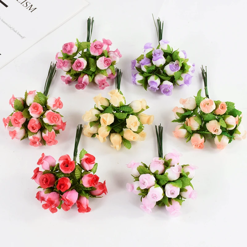 72/144pcs Gradient Color Artificial Rose Bud Mini Bouquet 12heads/Bundle Silk Rose Flowers for Home Wedding DIY Craft Decoration