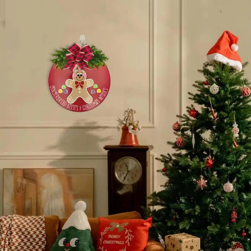 Gingerbread Man Sign For Front Door Wooden Holiday Wreath Indoor Wall Decor Bow-Tie Novelty Sign Decorations Christmas Biscuit