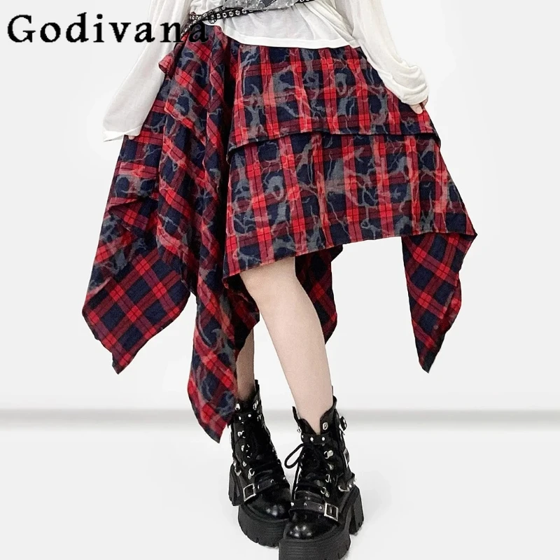 

American Retro Black Red Plaid Splicing Versatile Irregular Skirt Temperament Women's Elastic Waist Medium Long Y2k Long Skirt