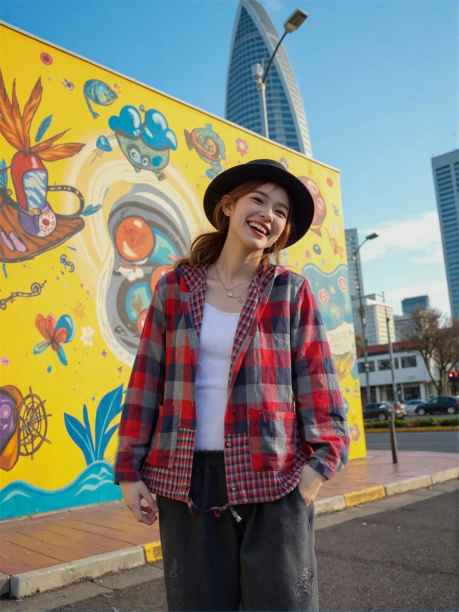 

Plaid Hooded Pockets Shirts Kawaii Blouses Working Tops For Woman Spring Officeshirt Mid Sleeve Рубашки Женские OL