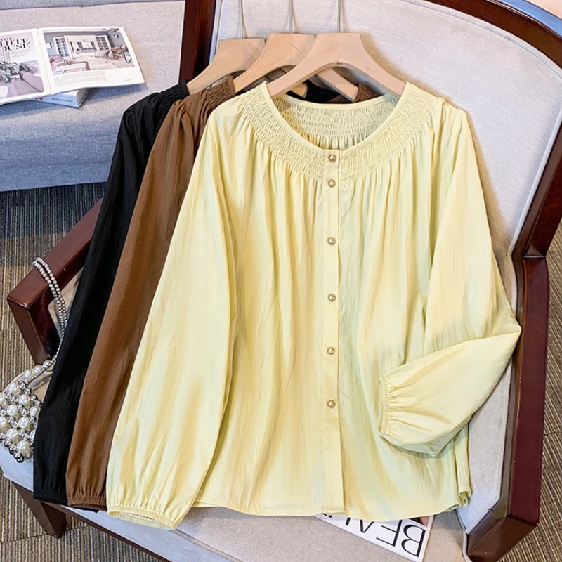 เสื้อผู้หญิงไซส์ใหญ่ คอลเลคชั่นใหม่ ฤดูใบไม้ผลิ/ฤดูใบไม้ร่วง 2025 คอทรงโอ แขนทรงโคม ทรงหลวม ติดกระดุมแถวเดียว