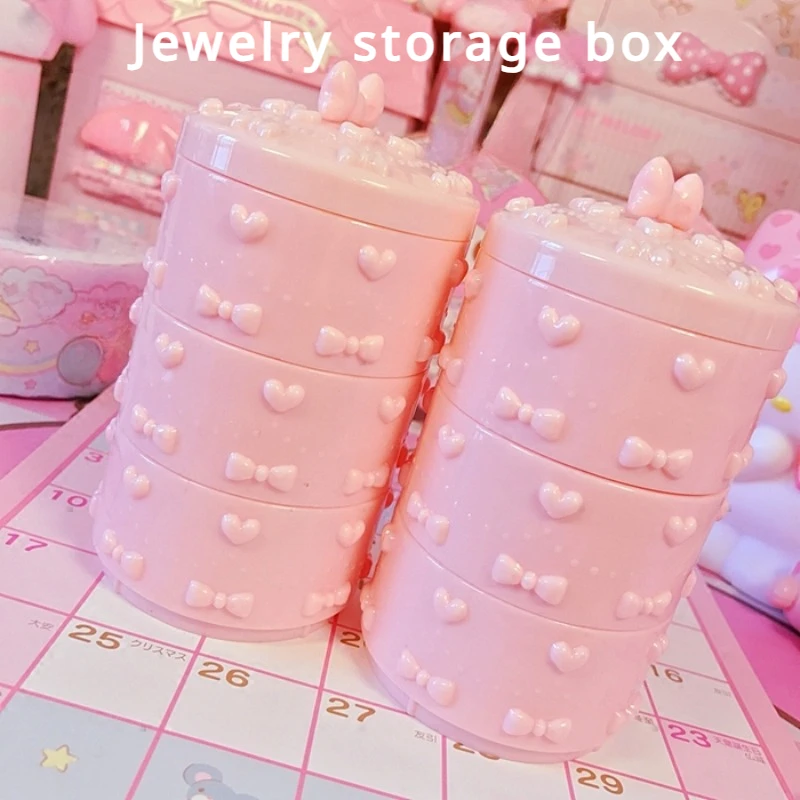 Relief Multi-layer Pink Heart Shape Bow Girl Heart Table Top Jewelry Storage Box Ring Miscellaneous Small Items Storage Box