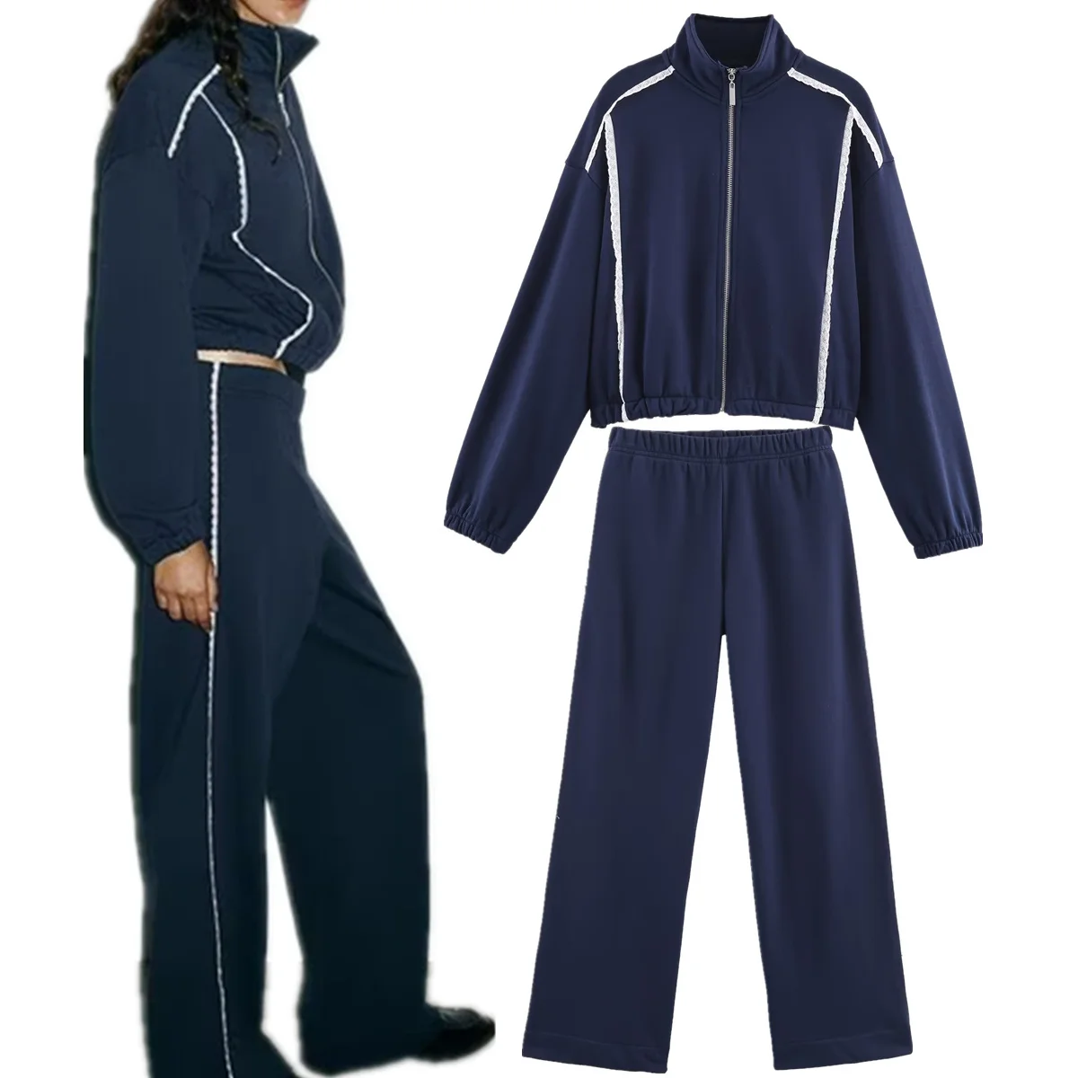 

Dave&Di винтажная женская одежда, модные комплекты с кружевными толстовками и брюками для девочек, новый комплект из двух предметов, женский костюм, Ropa Muje