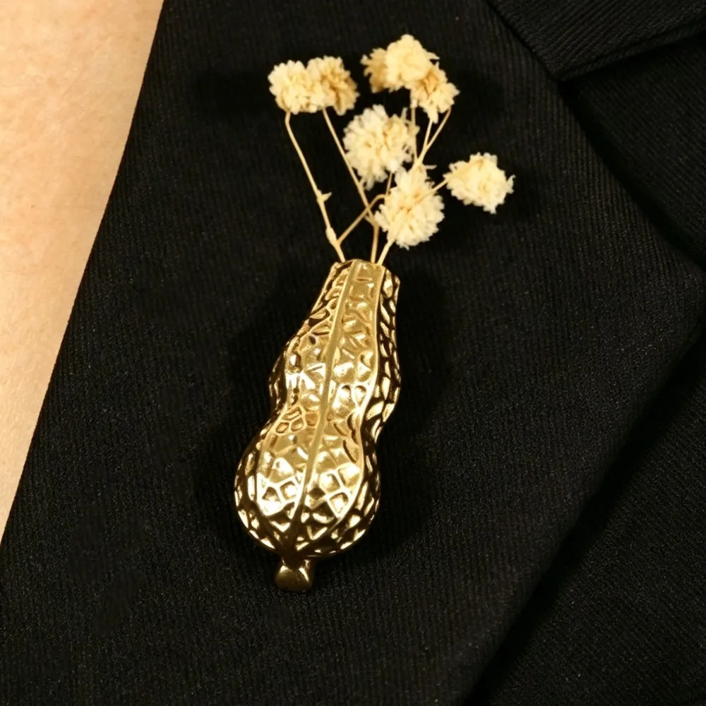 Vintage Hollow Design Vase Brooch Creative Vase Shape Lapel Pin Dried Flower Holder Flower-Insertable Brooch Coat Decor