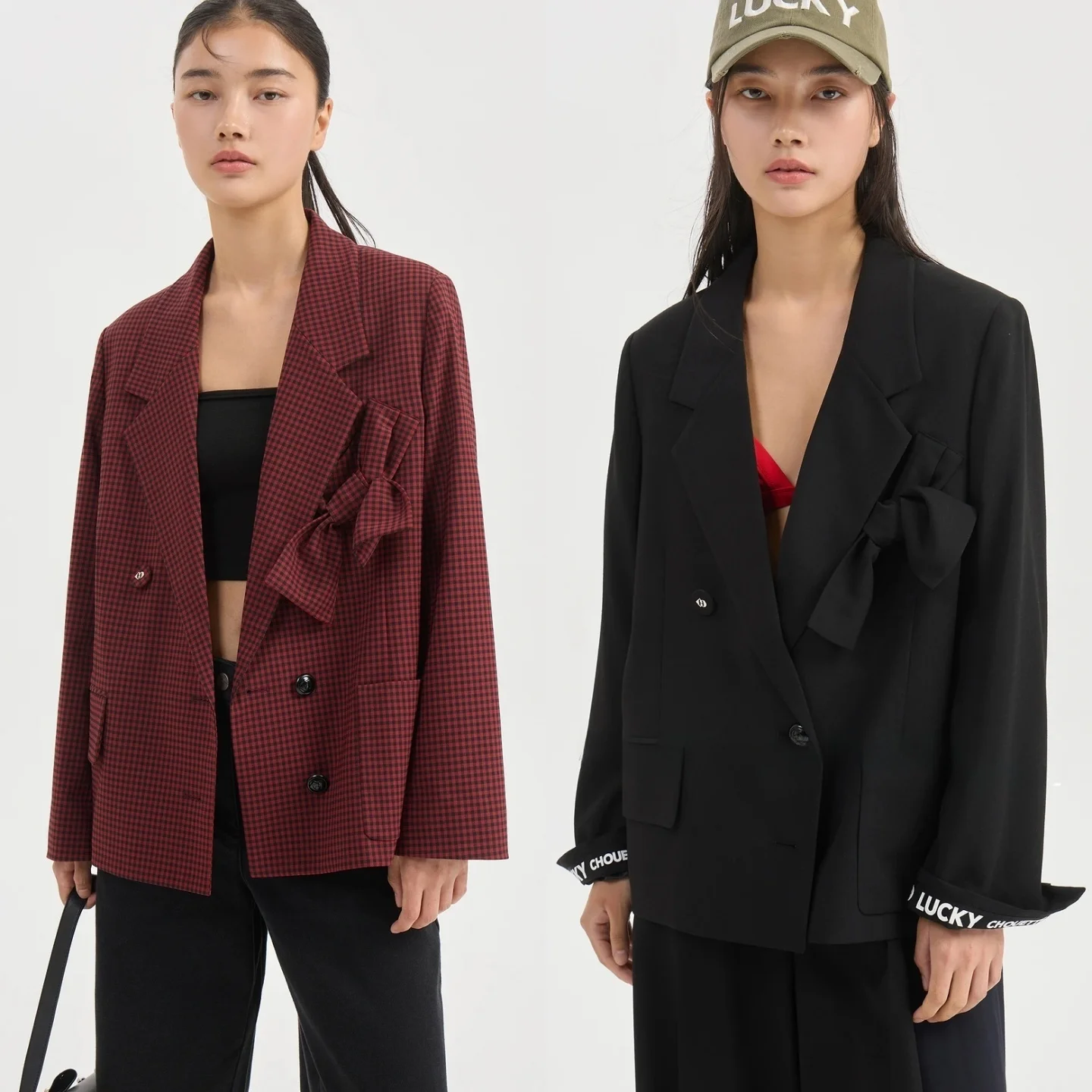 Boutique Women's Short Suit Jacket with Bow Tie Commute Style Crisp Fabric Long Sleeve Classic Collar Single Button Closure