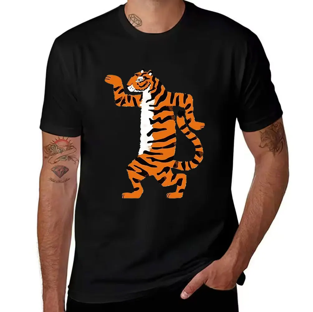 Men's 100% Cotton T-Shirt, Funny Dancing Tiger Graphic Print Casual Short Sleeve Tee, Trendy Animal Pattern Summer Top