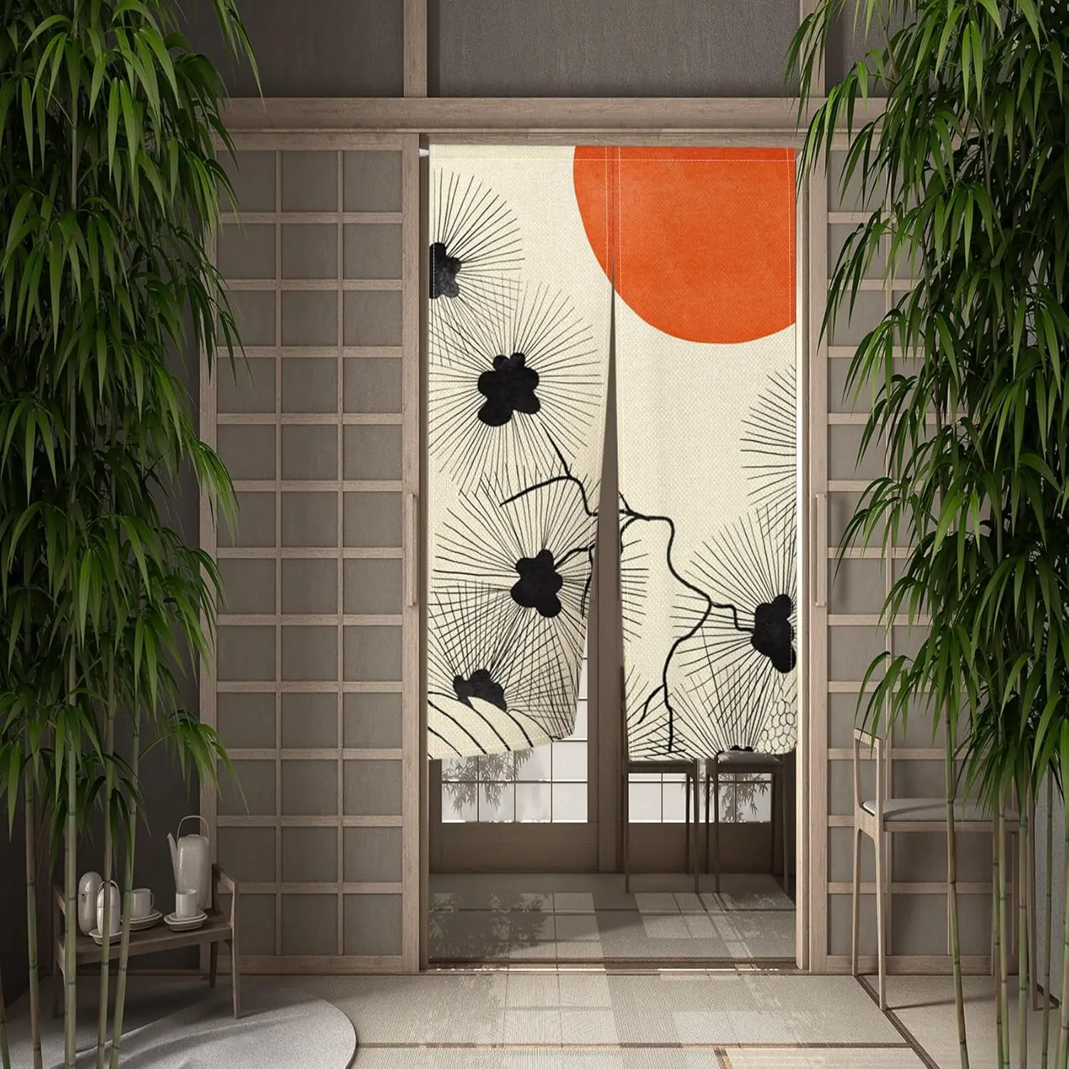 Japanese Doorway Curtain  Mid Century Sun Doorway Curtain Window Treatment Hanging Boho Long Type Door Tapestry Panel Kitchen