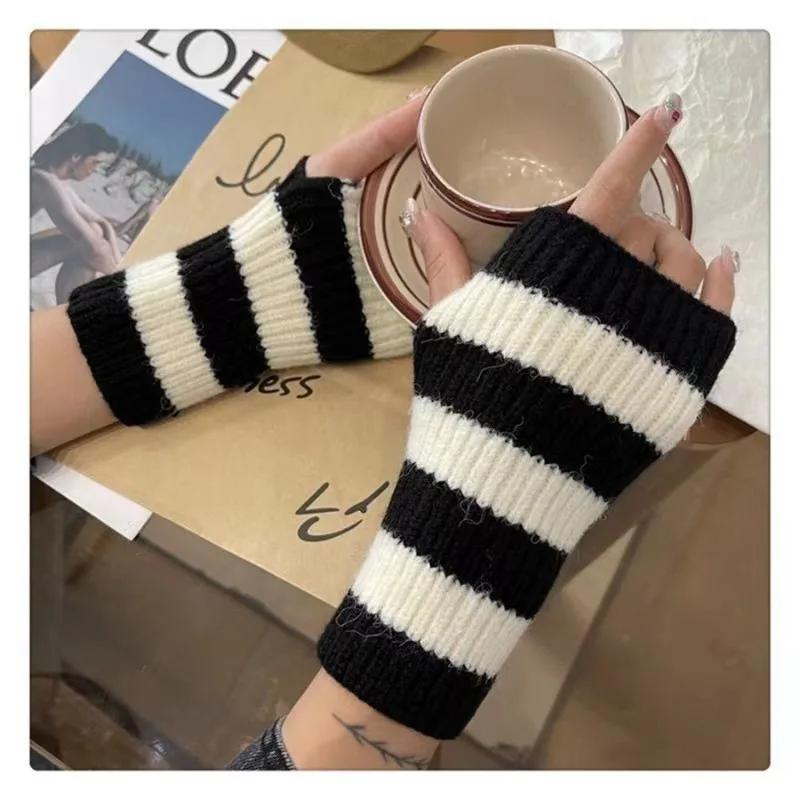 Short Color Block Chunky Strip Gloves Wool Sleeve Women Autumn Winter Knitted Warm Cold Resistant Finger Soft Thick Thermal