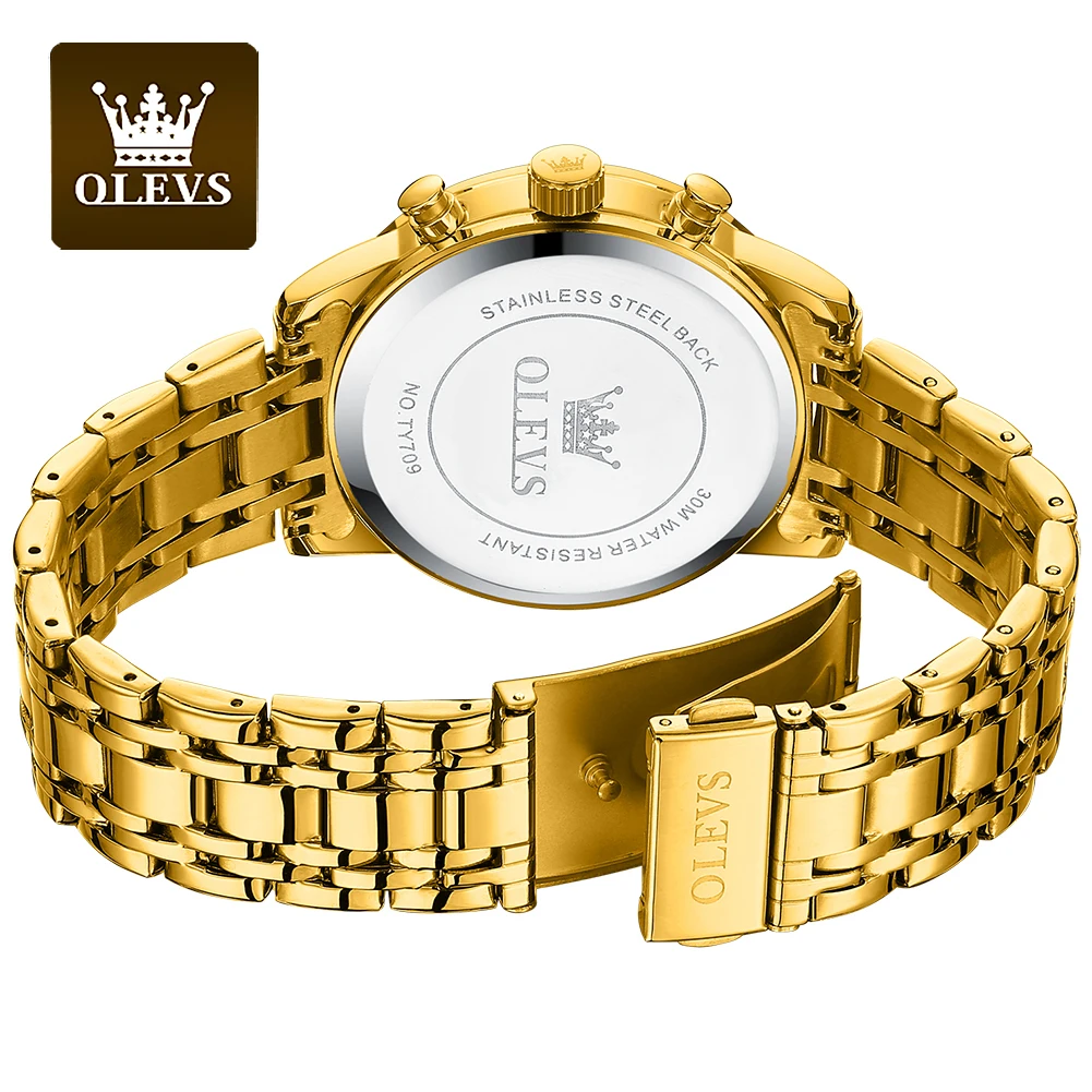 OLEVS Men\'s Watches Luxury Gold Fashion Wristwatch for Man Stainless Steel Waterproof Luminous Chronograph Date 24 Hour Display