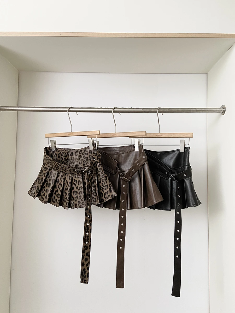 

Женская осенне-зимняя плиссированная короткая юбка из искусственной кожи с низкой талией, женская уличная юбка трапециевидной формы с высокой талией и поясом