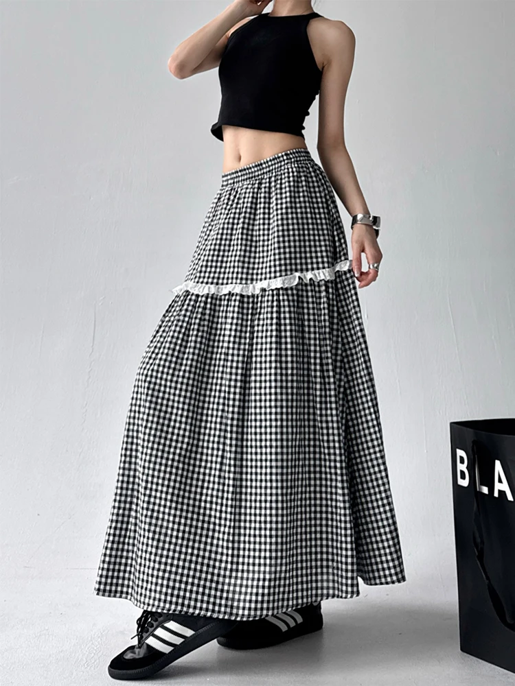 Gonna a trapezio scozzese a vita alta Primavera Estate da donna Nuova gonna lunga con elastico in vita patchwork con finiture in pizzo