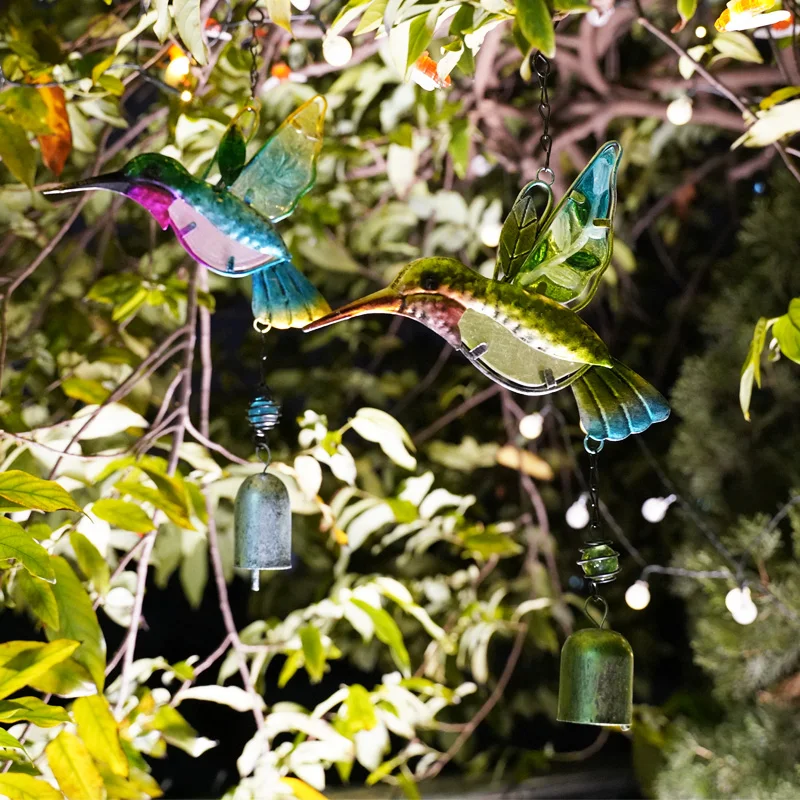 Glazed Iron Glass Hummingbird Wind Chimes Green Blue Colors Stained Glass Ornament For Window Outdoor
