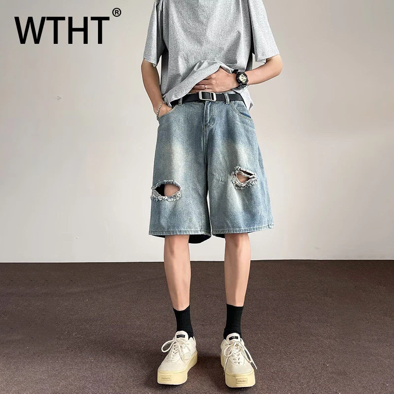 

WTHT Vintage Summer Men's Hole Burr Edge Gradient Denim Shorts Fashion High-waisted Wide Leg Straight Short Pants Male 2A0197