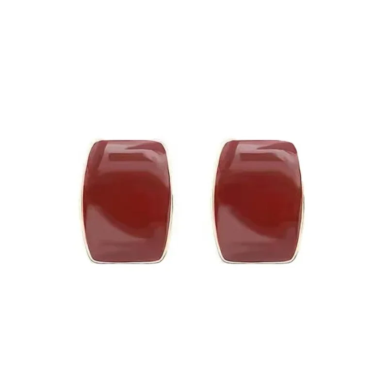 Wine Red Color Vintage Square Geometry Stud Earrings for Women Korean Simple Fashion Cute Girl Jewelry Accessories