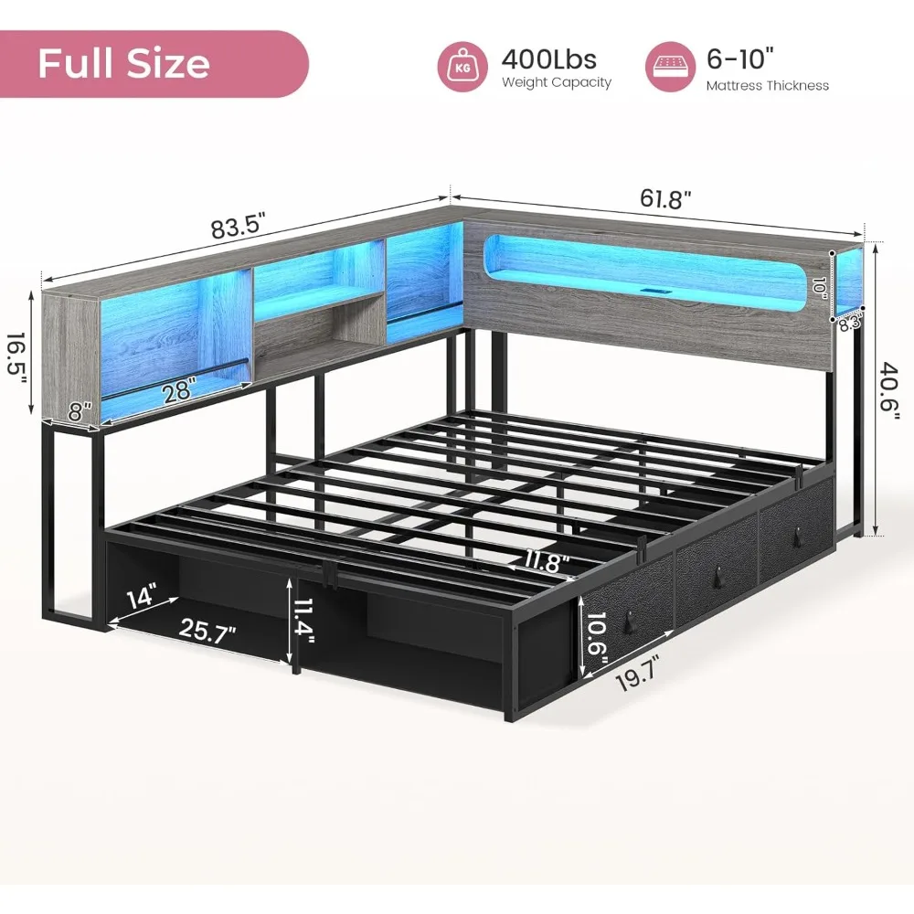 Полноразмерный угловой каркас кровати с местом для хранения книжного шкафа, RGB-подсветкой, зарядной станцией, металлической кушеткой, 3 ящиками и 2 открытыми полками
