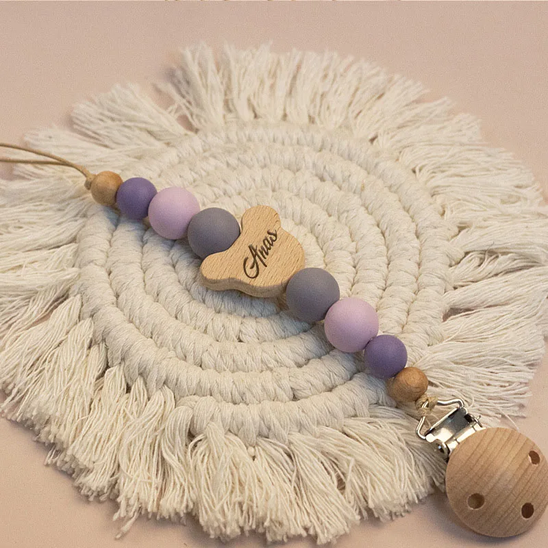 Personalisierte Name Holz Baby Schnuller Kette Silikon Perle Schnuller Nippel Halter Schutz Beißring Anhänger Neugeborenen Dusche Geschenk – Detail 3
