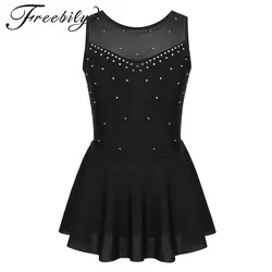 Kids Girls Figure Skating Dress Lyrical Dance Ballet Gymnastics Acrobatics Leotard Tutu Sleeveless Rhinestone Mesh Dancewear