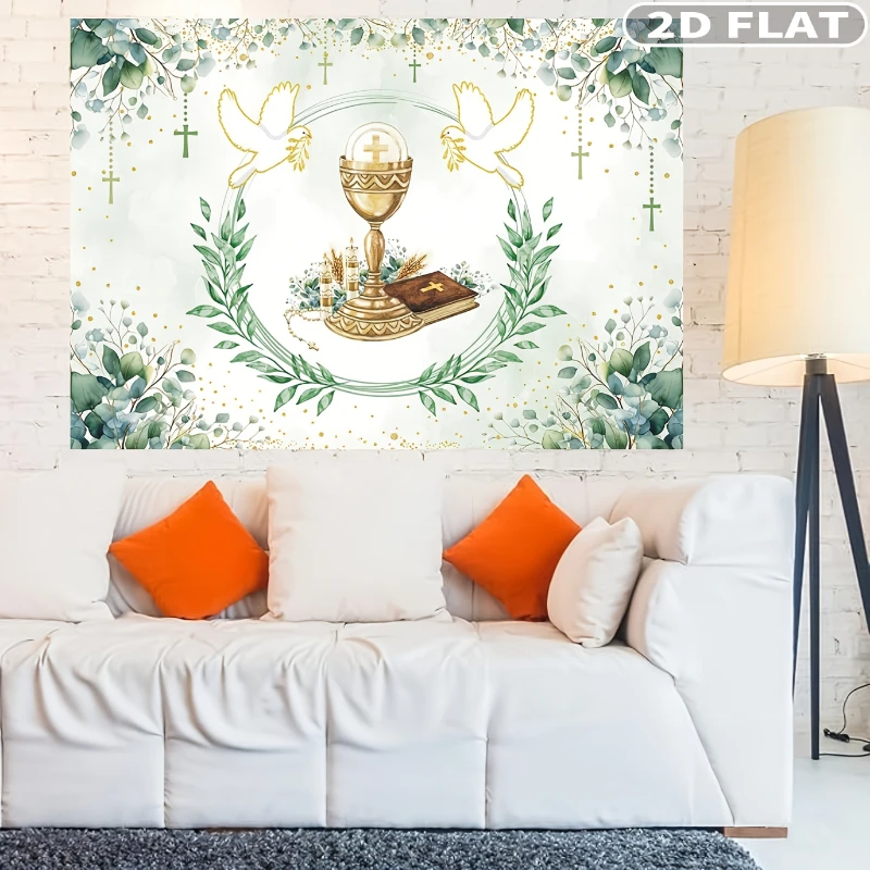 1pc Elegant Christian Church Banner - Holy Grail, Dove, and Cross with Eucalyptus Leaves - Light Green and Golden Religious