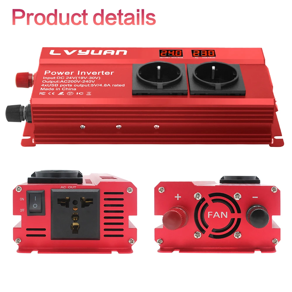 Inverter 6000W 24V 230V Modified Sine Wave Peak Power DC to AC 4 USB Ports Cooling Fan EU UN Socket Converter Car Inverter