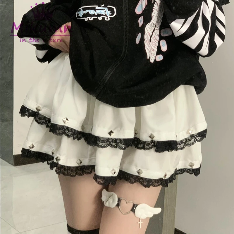 Gothic Lolita Cake minigonna giapponese Harajuku Punk Girls Kawaii gonna a pieghe Y2k donne dolce pizzo rivetto abito da ballo gonna corta