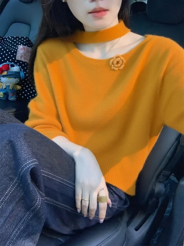 

Orange Knitted Flower Top Women's Faion oulder Bared Design Unique Sli Autumn Winter New Arrival Sweater Commute Sle