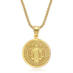 Religious San Benito Holy Medal Pendant Gold Color Stainless Steel Jesus Cross Round Necklace for Women Men Fashion Jewelry Gift