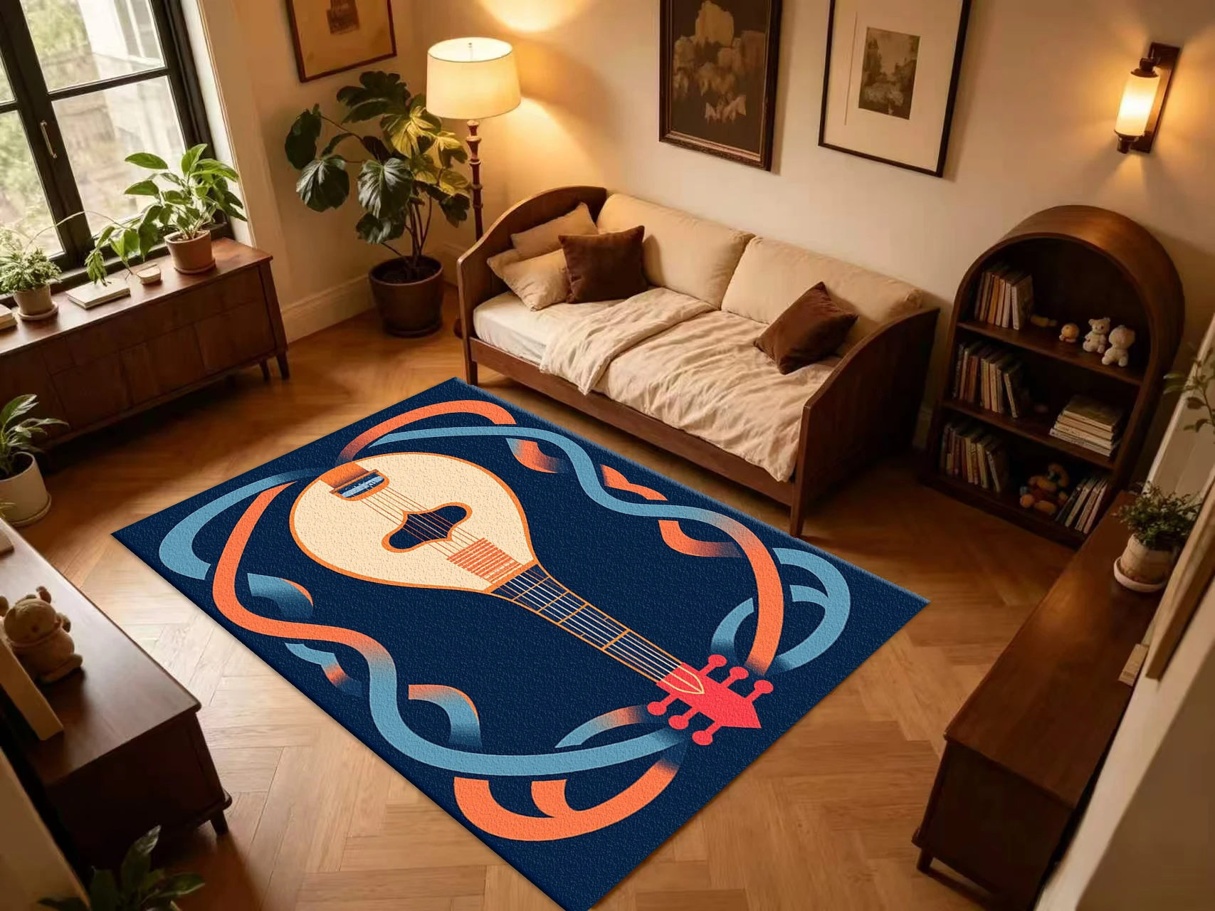 Vintage Lute Musical Instrument Art Carpet Flooring, Retro Ornamental Pattern Non-Slip Area Rug for Home Living Room Study Floor Mat