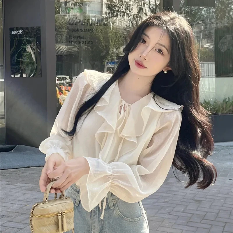 GIDYQ Women Solid Shirt Korean Office Ladies Half Open Collar Pullover Blouse Summer Loose Sweet All Match Chic Female Tops New