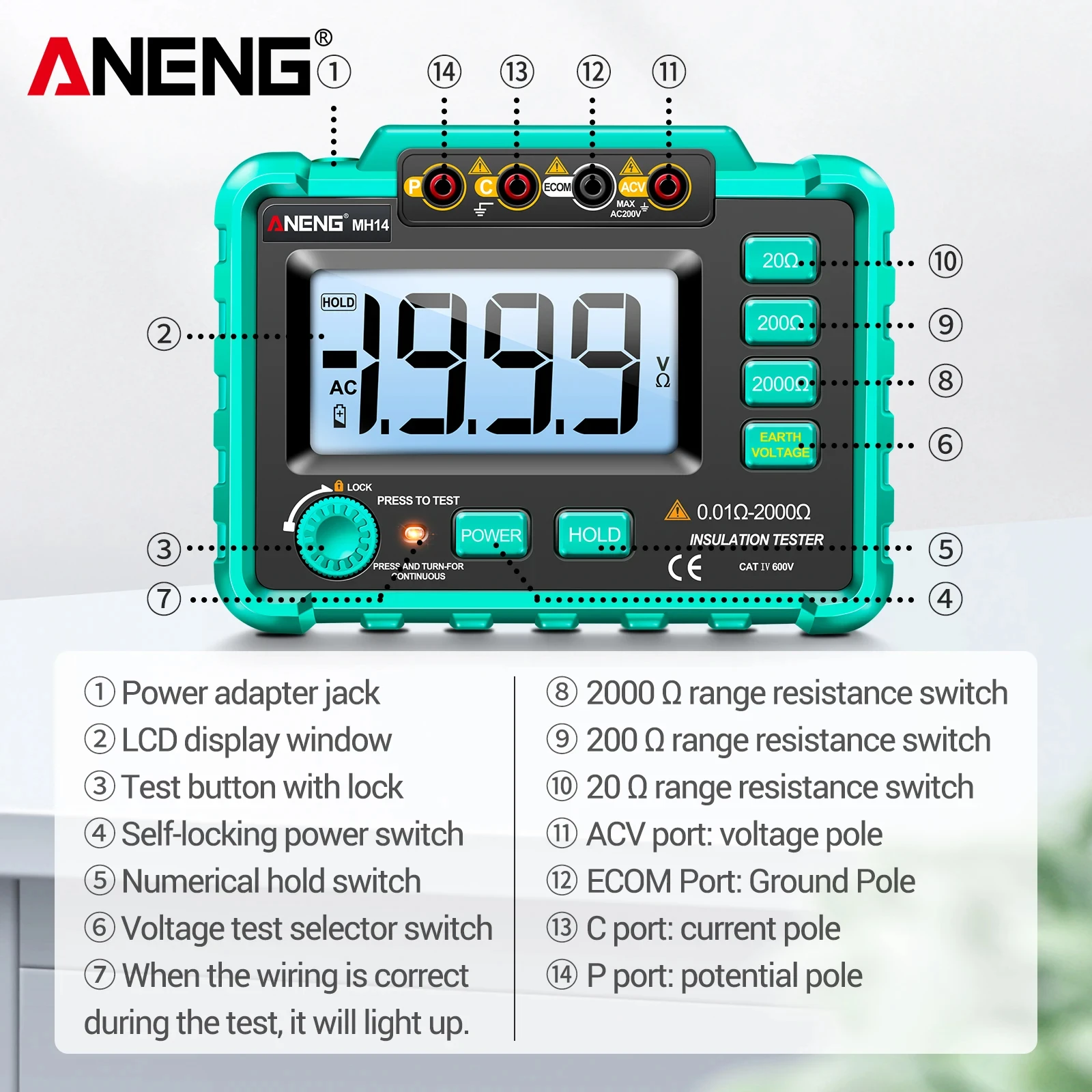 ANENG MH14 Digital Professional Multimeter Ground Resistance Tester AC200V Voltage Meter Megohmmeter Voltmeter Ohm Tester Tool